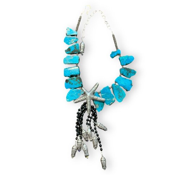 Vintage Turquoise & Silver Starfish Pendant Necklace With Fish Charms - Picture 2 of 9